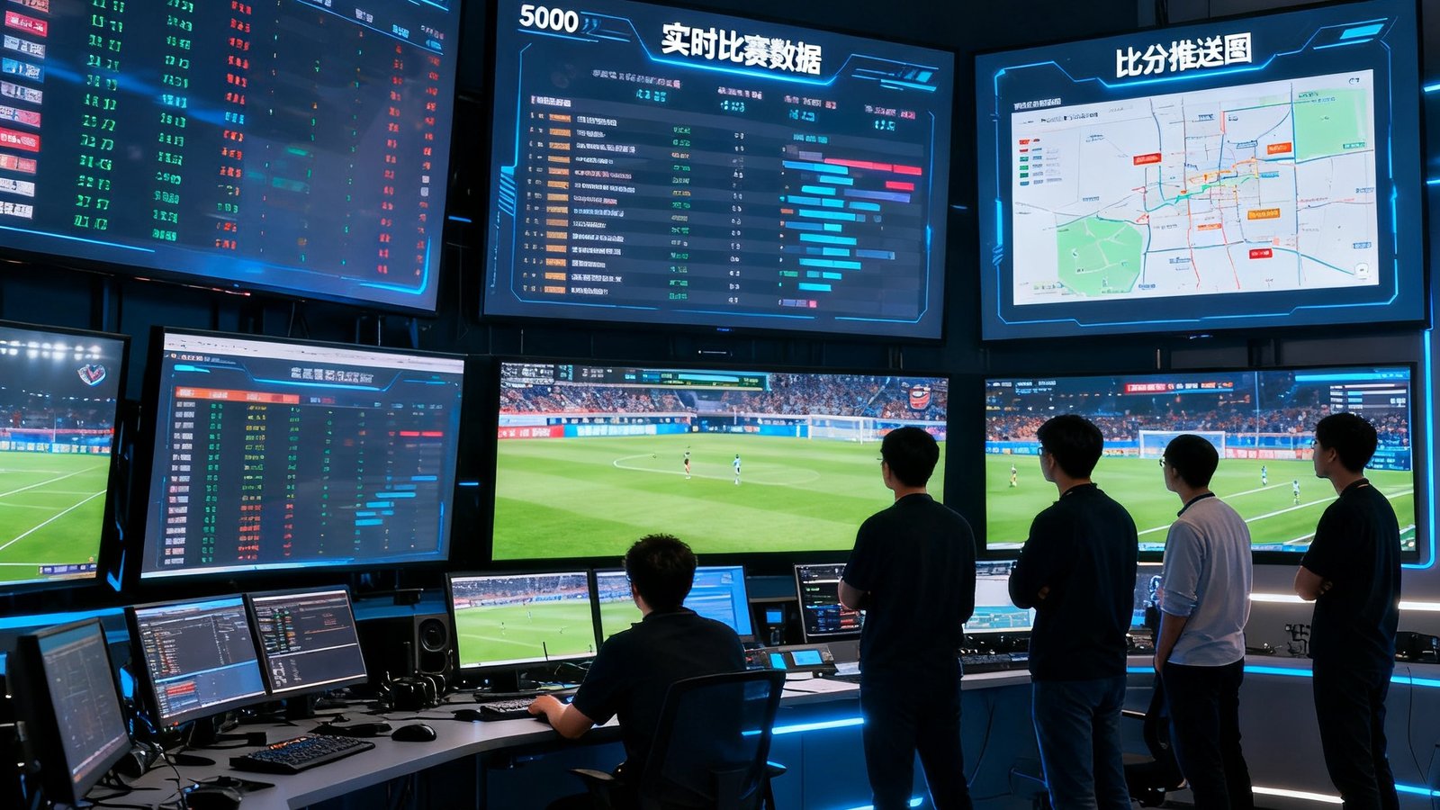 500比分数控工作室全景，多个大屏显示实时比赛数据与比分推送图，团队正在紧张监控比赛数据流